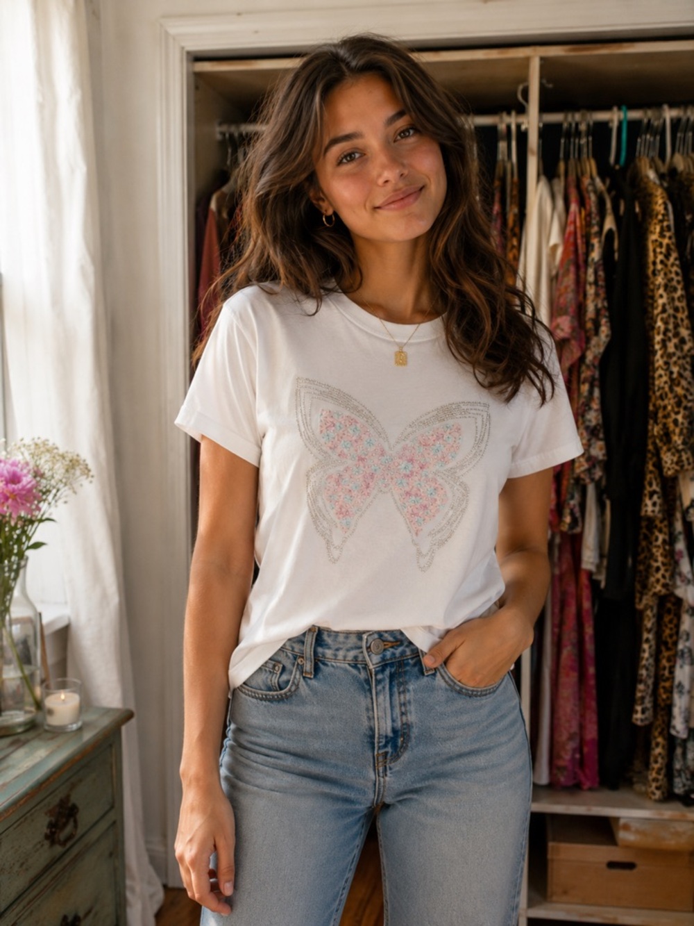 Ontwelfth White Short Sleeve Butterfly Tee
